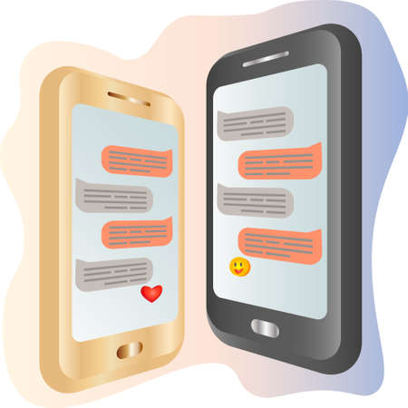 Mobile app messenger with chatting dialog with emoji on two mobile phones screenのイラスト素材