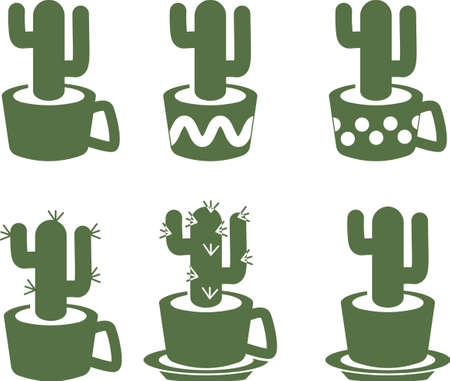 Set of monochrome colored simple drawing cactus in cups and potsのイラスト素材