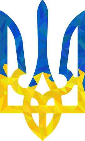 Textured Ukrainian national emblem trident tryzub in Ukrainian flag colors and low polygonal pattern