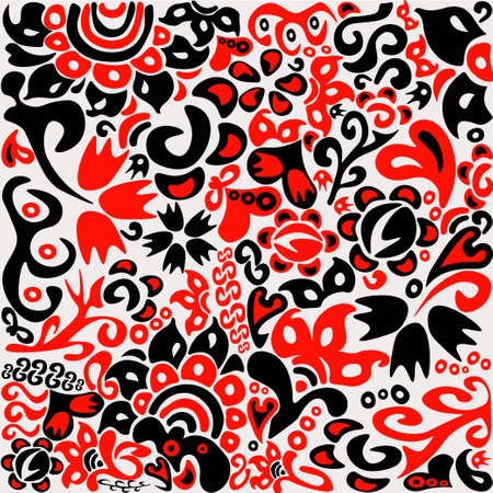 Folk art illustration in red and black colors with Ukrainian traditional ethnical patternのイラスト素材