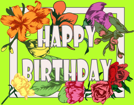 Greeting card Happy Birthday with typography art and blooming garden flowersのイラスト素材