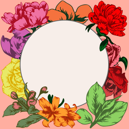 Greeting card with oval frame text box and beautiful blooming garden flowersのイラスト素材