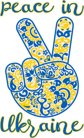 Folkloric pattern with victory gesture and lettering Peace in Ukraine in Ukrainian flag colorsのイラスト素材