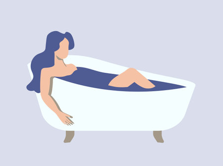 Self-care illustration with young woman relaxing in her bathroom filled with warm waterのイラスト素材
