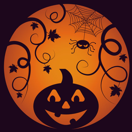 Autumn illustration with spider and pumpkin on gradient background for Halloween decorationのイラスト素材