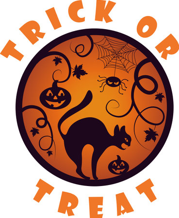 Autumn illustration with black cat and spider typography on gradient background for Halloween decorationのイラスト素材