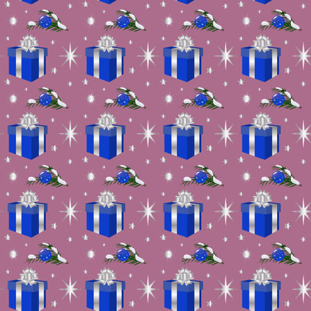 New Year and Christmas seamless pattern with gift box and decorated branchのイラスト素材