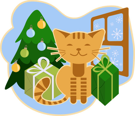 Cute kitty with christmas tree and gift boxes near the window and snowfallのイラスト素材