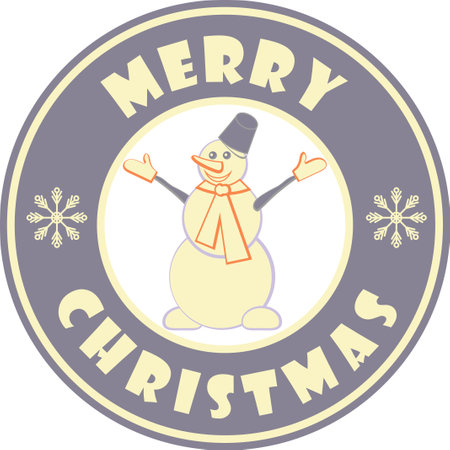 Cute circle badges with snowman and greeting text Merry Christmas purple colorのイラスト素材