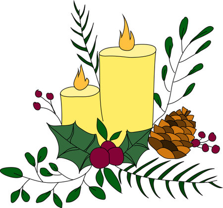New Year and Christmas candle compositions with green branches and holly berriesのイラスト素材