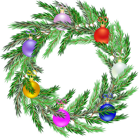 Photo realistic Christmas wreath with tree branches and many colored decorative gradient baublesのイラスト素材