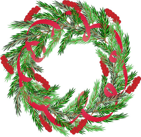 Photo realistic winter Christmas wreath with evergreen branches decorative red ribbon and berriesのイラスト素材