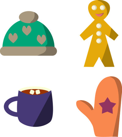Winter icon set with cookie, cup, mitten and hat in flat styleのイラスト素材