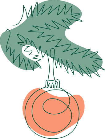 Christmas tree branch of pine, fir, spruce, with ball drawing in outline styleのイラスト素材