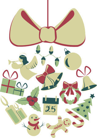 Merry Christmas and Happy New Year greeting card with big bow and Christmas decorationsのイラスト素材