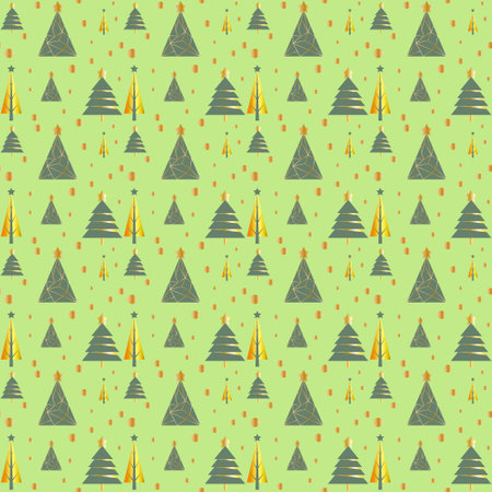 Seamless pattern with golden gradient Christmas trees on light green backgroundのイラスト素材