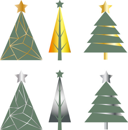 New Year and Christmas set of abstract pines with gold and silver metal gradientsのイラスト素材
