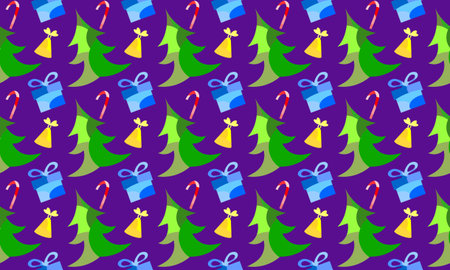 Colorful background with spotted New Year and Christmas trees, bells, candy canes and giftsのイラスト素材