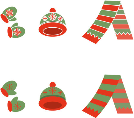 Set of cartoon winter apparel mittens, scarf, hat on transparent backgroundのイラスト素材