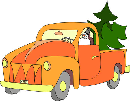 Snowman brings on his pickup car cargo with two green Christmas treesのイラスト素材