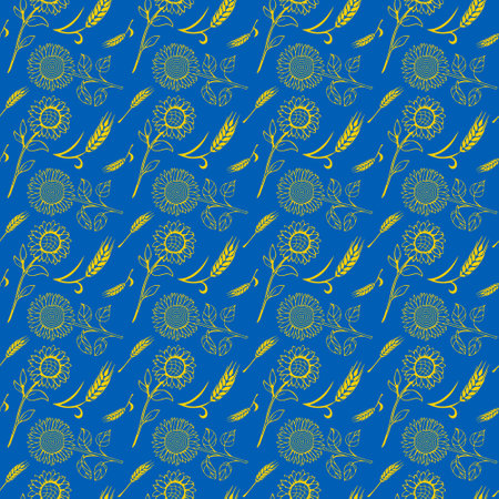 Seamless pattern with silhouettes of wheat ears and sunflowers in Ukrainian flag colors yellow and blueのイラスト素材
