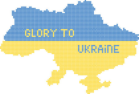 Textured Ukrainian geographical map made of knitting texture and words Glory to Ukraine in Ukrainian flag colors on transparent backgroundのイラスト素材