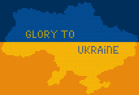 Textured Ukrainian geographical map made of knitting texture and test Glory to Ukraine in Ukrainian flag colorsのイラスト素材