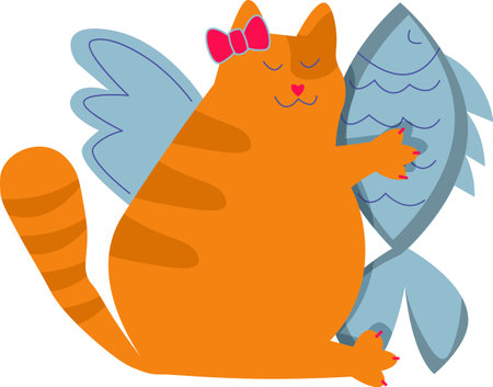 Happy fat cat girl with angel wings holding fish drawing on transparent backgroundのイラスト素材