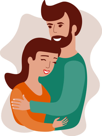 Valentines day greeting card with young couple on abstract shape background drawing in flat styleのイラスト素材