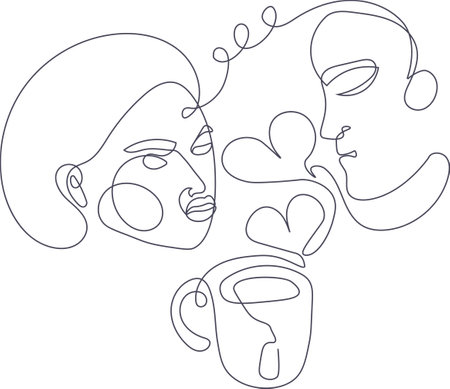 Valentines Day greeting card with couple and cup of tea drawing in continuous line styleのイラスト素材