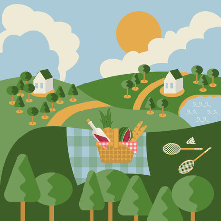 Cartoon vector landscape composition with drawn picnic basket and badminton set in flat styleのイラスト素材