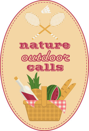 Beige oval patch banner with picnic basket and badminton set drawn in flat styleのイラスト素材