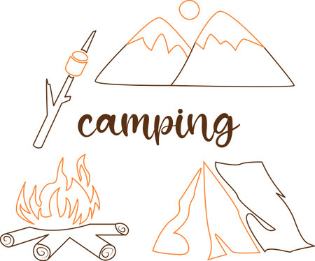 Set of icons with camping attributes drawing in outline flat style with brush script letteringのイラスト素材