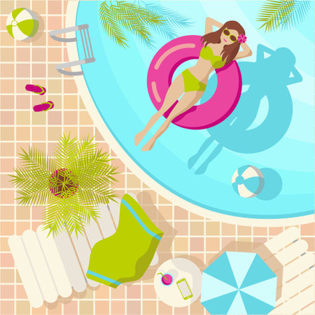 Summer tropical illustration with a girl in a swimming pool square shapeのイラスト素材