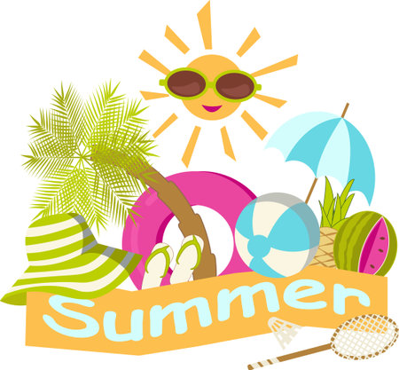 Isolated transparent summer compositions with beach accessories and sun drawn in a cartoon flat styleのイラスト素材