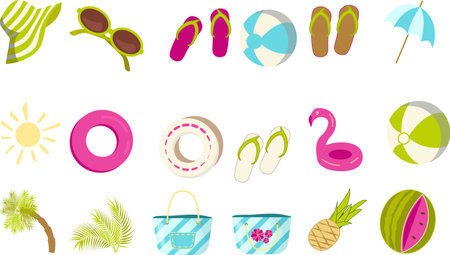Clipart with icon pack of summer beach vacation accessories: flip flops, beach bag, palm tree, inflatable ring, pink flamingo, sunglasses, beach umbrella, sun hatのイラスト素材