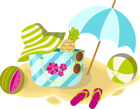 Isolated transparent summer beach compositions drawn in cartoon flat style with pineapple and watermelonのイラスト素材