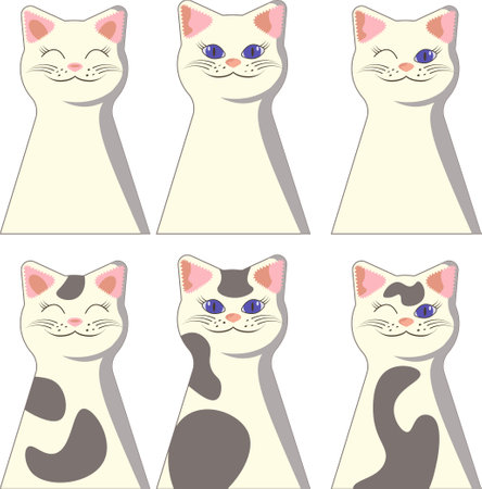 Set of six animalistic icons with smiling and winking blue eyes cats white and gray coloredのイラスト素材