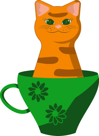 Animalistic illustration with tabby ginger cat with green eyes in coffee cup on transparent backgroundのイラスト素材