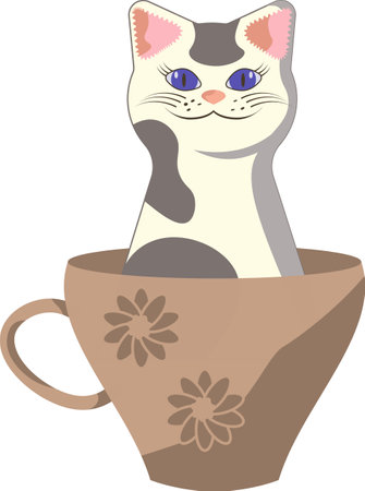 Animalistic illustration with spotted white cat with blue eyes in coffee cup on transparent backgroundのイラスト素材