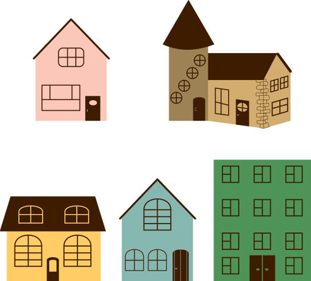 Icon set of isolated rural houses drawing by hand in flat styleのイラスト素材