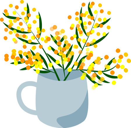 Blooming mimosa branches in flower bouquet put on mugのイラスト素材