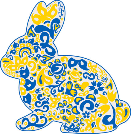 Easter rabbit with floral motif ornament in Ukrainian flag colors on transparent backgroundのイラスト素材