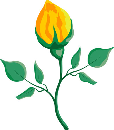 Isolated red yellow flowers with leaves design element drawing in flat style on transparent backgroundのイラスト素材