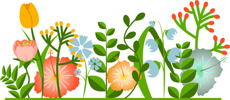 Decorative border made of various summer and spring garden plants with flowers and leavesのイラスト素材