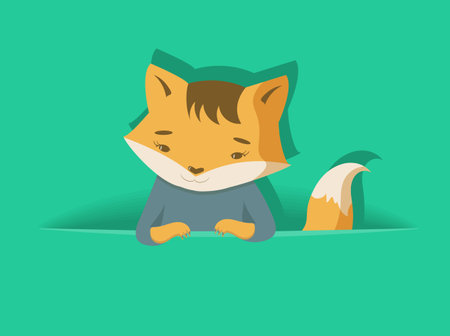 Empty solid green background with hiding fox. Template for holiday postcard or greeting cardのイラスト素材