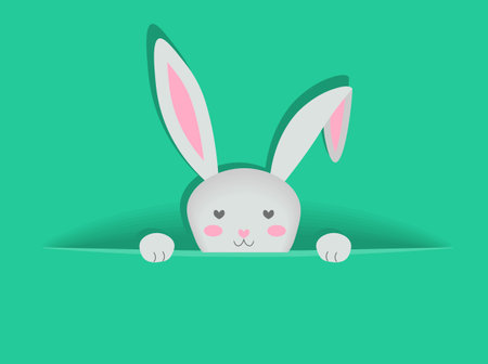 Empty solid green background with hiding bunny. Template for holiday postcard or greeting card illustrationの写真素材