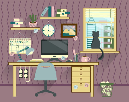 Manager's work space in home or office interior with many stationery equipment on purple backgroundのイラスト素材