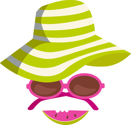Woman's summer face. Design elements with different beach accessories sun hat, sun glasses, and slice of watermelonのイラスト素材