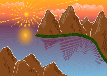 Coastal illustration with sea ocean view to mountains drawing in woodcut styleの写真素材